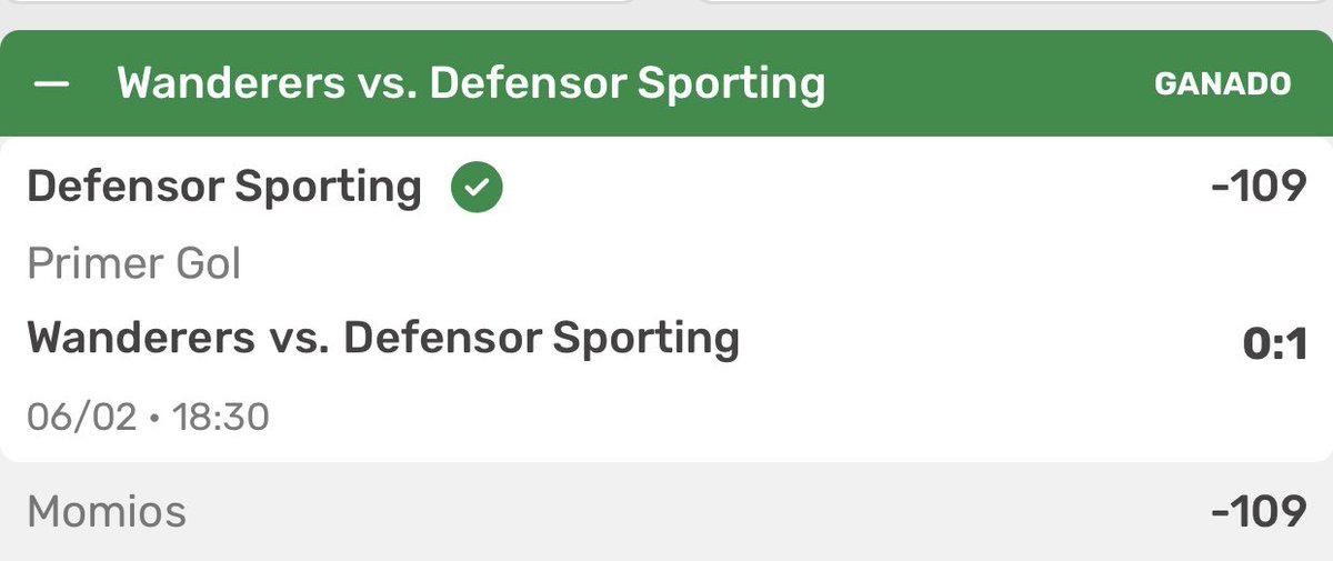 ✅ Wanderers vs Defensor Sporting
• Primer gol — Defensor Sporting (–109)