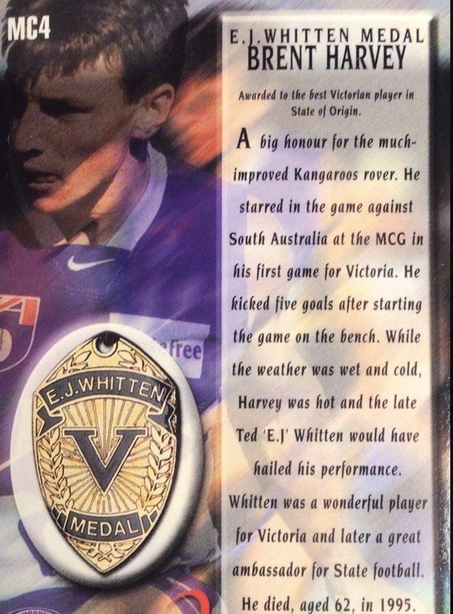 The last ever State of Origin match was played at the MCG in 1999 when Victoria beat SA by 54 points 

The Kangaroos’ rising star Brent Harvey was awarded the EJ Whitten Medal for being judged Victoria’s best player that day after he kicked 5 goals