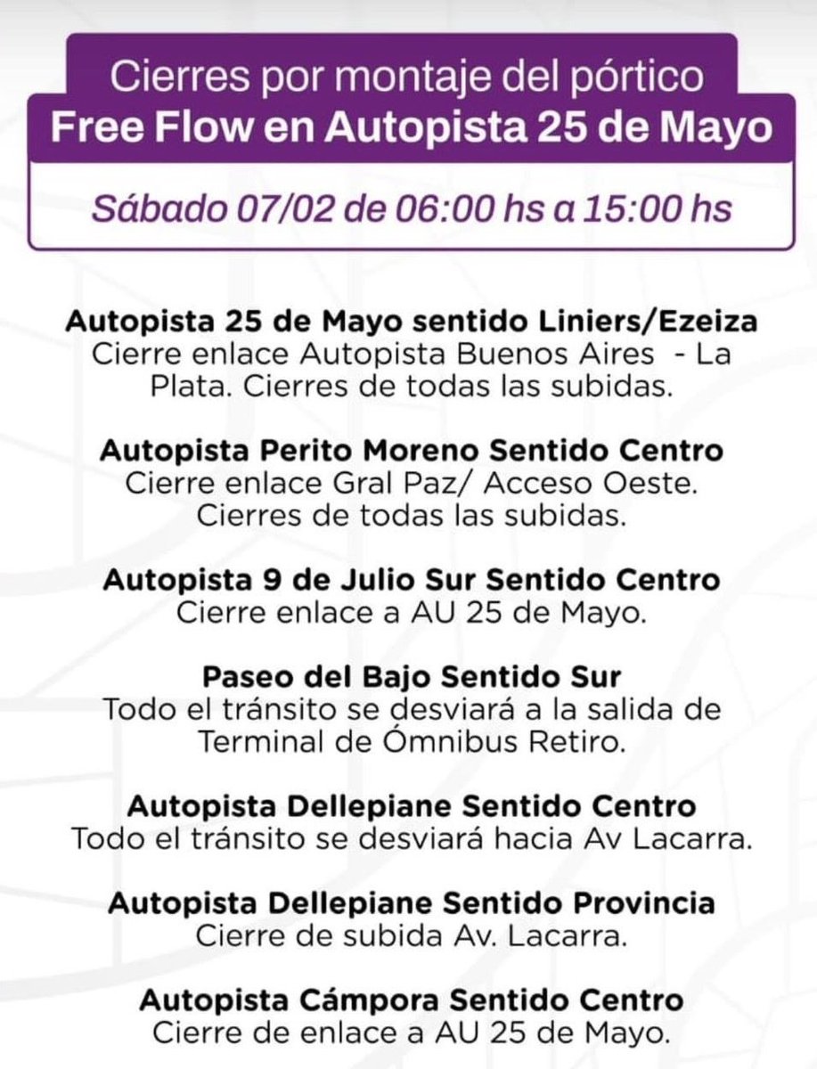 solotransito's tweet photo. Sábado 7/2/26 de 6 a 15, cierran de punta a punta las autopistas 25 de Mayo y Perito Moreno. Van a sacar las cabinas de peaje que quedan y terminar de poner los pórticos de #Telepase vía @droggiano https://t.co/7gFJWi0jln