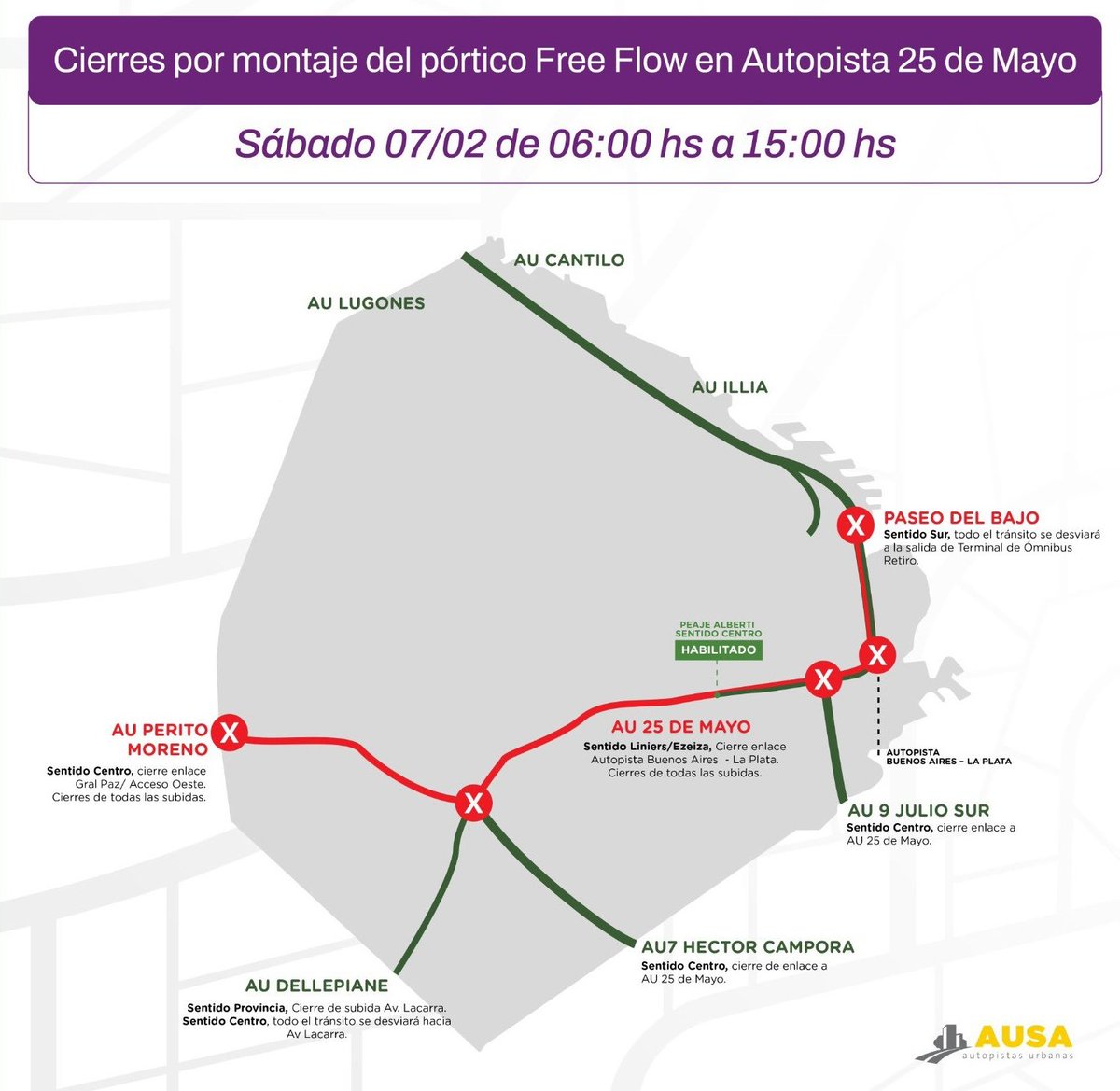 solotransito's tweet photo. Sábado 7/2/26 de 6 a 15, cierran de punta a punta las autopistas 25 de Mayo y Perito Moreno. Van a sacar las cabinas de peaje que quedan y terminar de poner los pórticos de #Telepase vía @droggiano https://t.co/7gFJWi0jln