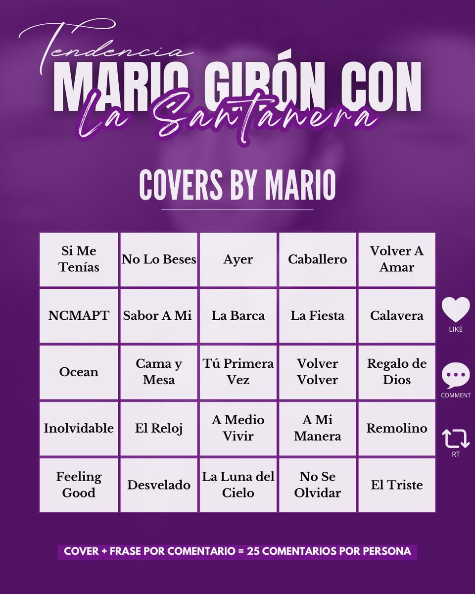 🌎 TENDENCIA 🌎
HILO 2 DE 9

🏁: ILIMITADA
Frase: MARIO GIRÓN CON LA SANTANERA

💁🏽‍♂️: Comenta la FRASE más un COVER enlistado (1 palabra por comment hasta terminar la lista)

A las 7:30 p.m. dirígete a la cuenta de <a href="/elcaballeroMG/">El Caballero de América MG1</a> para el siguiente hilo.

🚩 NO números y NO emojis.