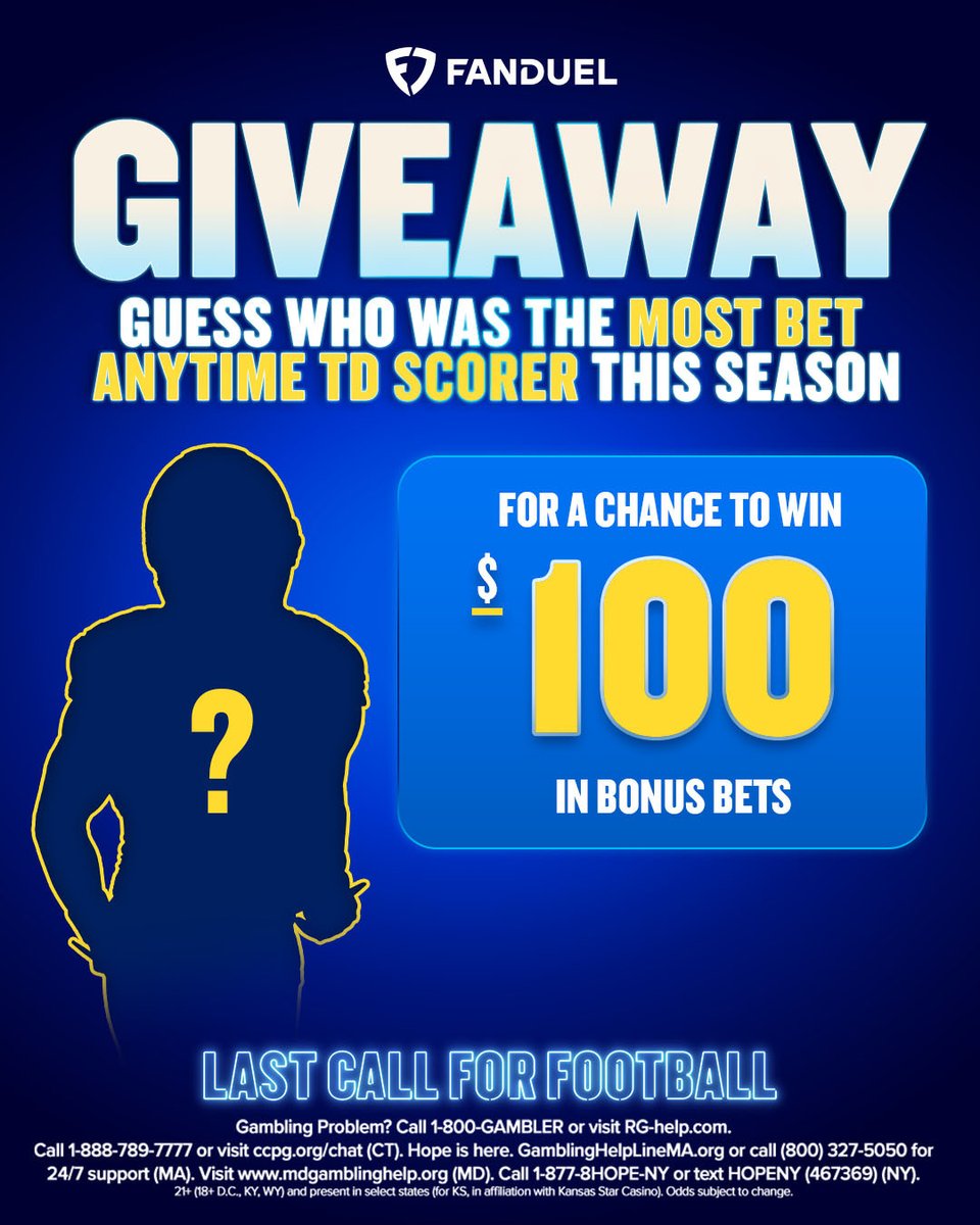 FDSportsbook's tweet image. GIVEAWAY 🚨

It's the Last Call for Football, so let's play some trivia.

Who was the most-bet player for anytime touchdowns this season? 🧐

To enter: 
1️⃣ FOLLOW
2️⃣ REPOST 
3️⃣ REPLY with your guess

10 users will win $100 in Bonus Bets! 

Rules: linktr.ee/FanDuel