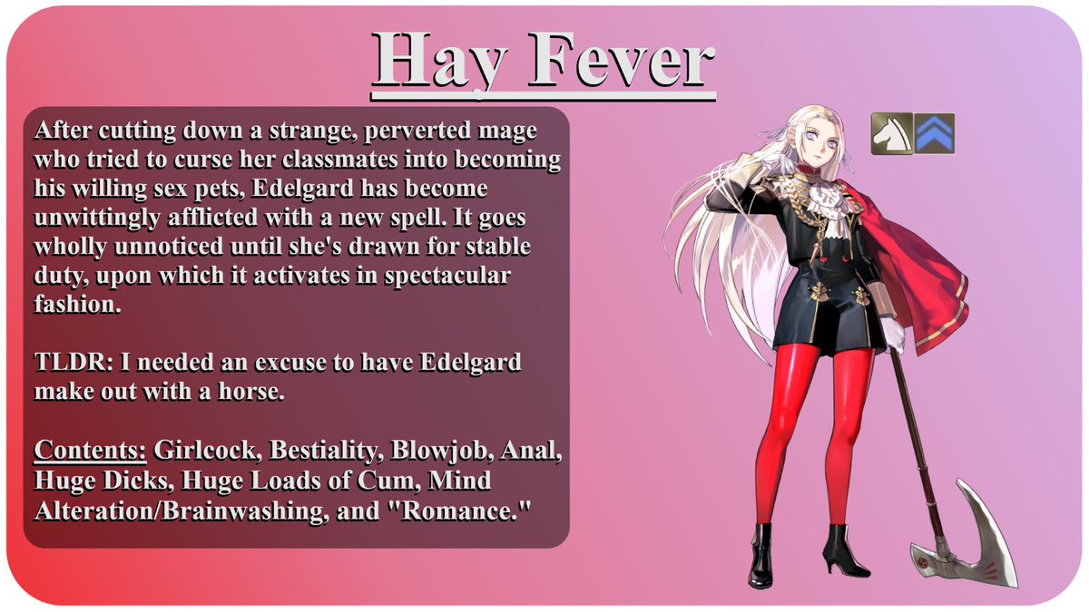 First story in... yeesh, nearly 2 years? Well this one's a doozy. Please enjoy a my favorite FE character going horse-crazy for her new 'husband.'

Read it on AO3: archiveofourown.org/works/79035911