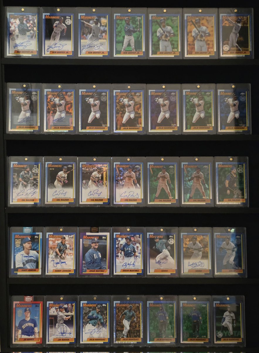 petersonryan22's tweet image. Finally finished my 1990 Mariners case! This was my favorite @Topps set design as a kid! Lots of autos and color of my all-time favorite #Mariners 🔱 #Julio #JRod #TheKid #Griffey #Ichiro #Edgar #BigDumper #TheBone