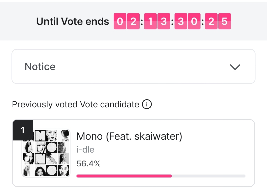 We are losing so much votes on MCD MnetPlus 😭😭😭

Guys just 5 minutes go vote for i-dle please they deserve one more win 😭😭😭😭

🔗mnetplus.onelink.me/TRa8/xohkwx0b?…