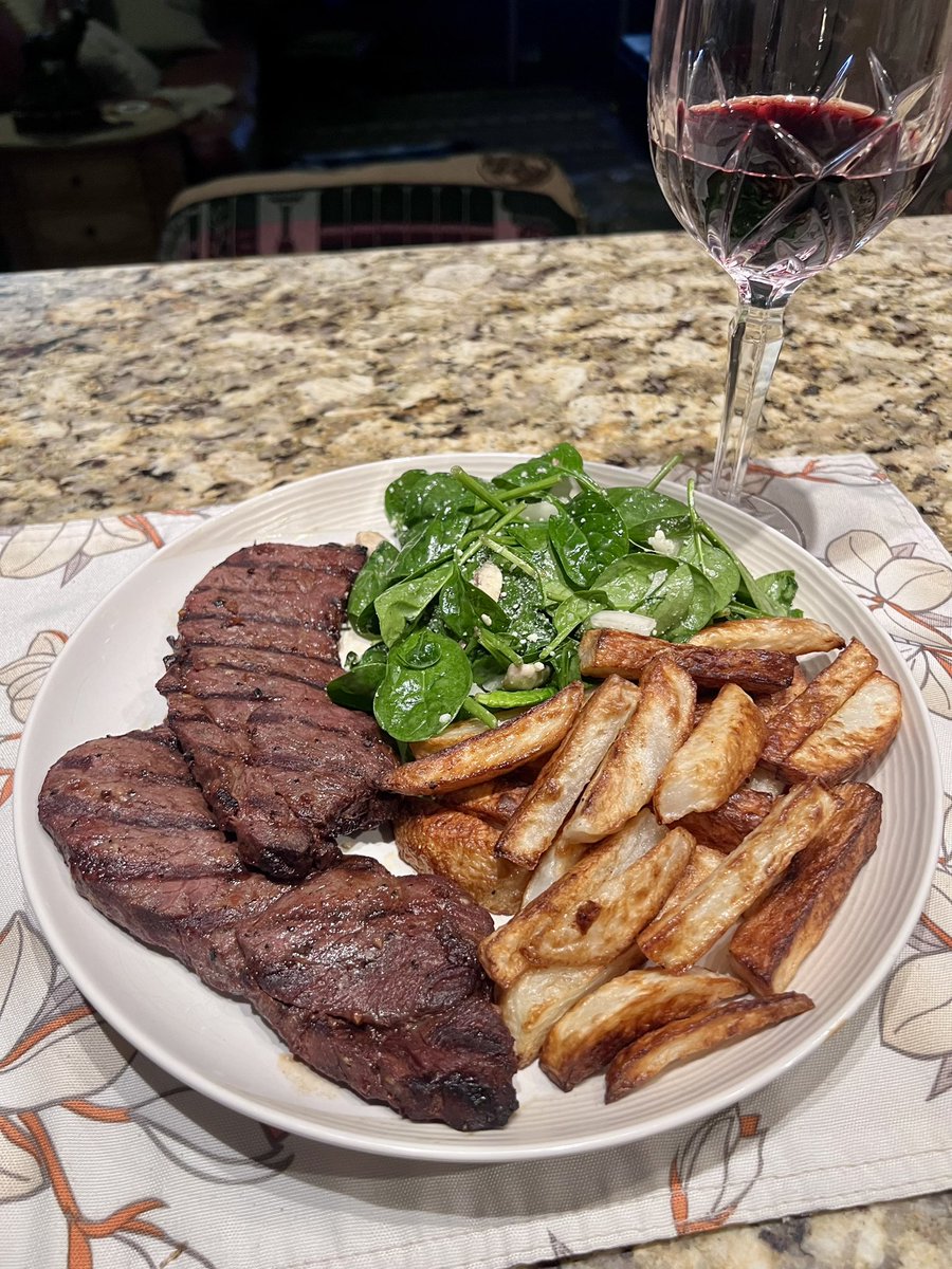 Friday night supper; venison steak, air fryer french fries &amp; a spinach salad.