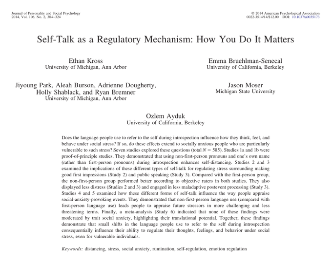MetaMorpehus's tweet photo. Master your self talk.

What most never realize is that talking to yourself in the third person (“X feels…”) has been proven to lower performance anxiety in public speaking studies by psychologist Ethan Kross.  

Master your self talk. https://t.co/knpjYOVbI8