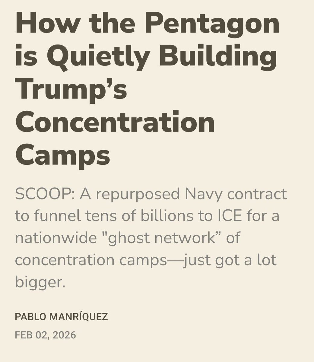 The Department of War is quietly building a network of concentration camps for the US regime.

A massive Navy contract, once valued at $10 billion, has ballooned to a staggering $55 billion to build out this concentration camp network for Trump.

migrantinsider.com/p/how-the-pent…