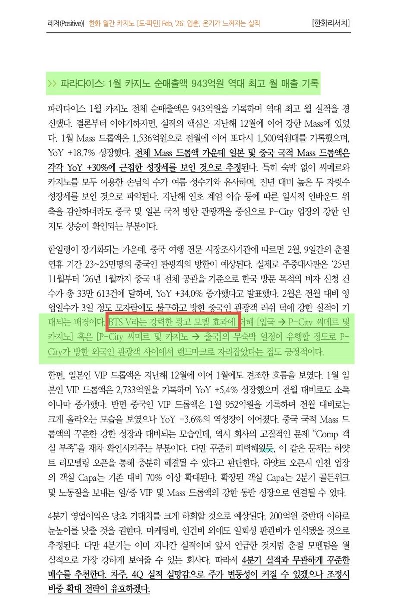 2026년 2월 4일 공개된 한화투자증권의 리서치에 따르면 파라다이스의 1월 카지노 순매출액 943억원으로 역대 최고 월 매출을 기록했다고 합니다.

이번 리서치는 'BTS 뷔라는 강력한 광고 모델 효과'로 브랜드 인지도 상승 뿐 아니라 새로운 여행 트렌드를 창출했다고 분석했습니다. 파라다이스