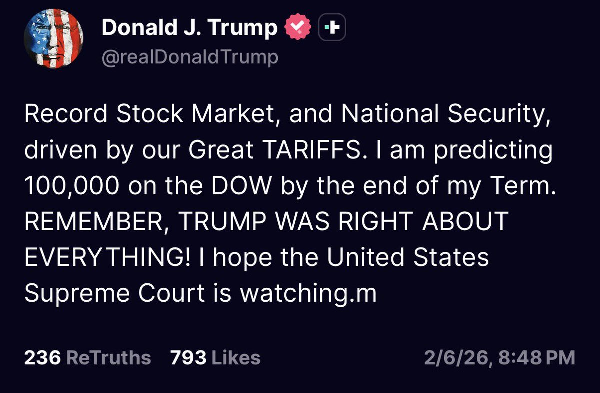 KobeissiLetter's tweet image. BREAKING: President Trump predicts the Dow Jones will hit 100,000 by the end of his term.