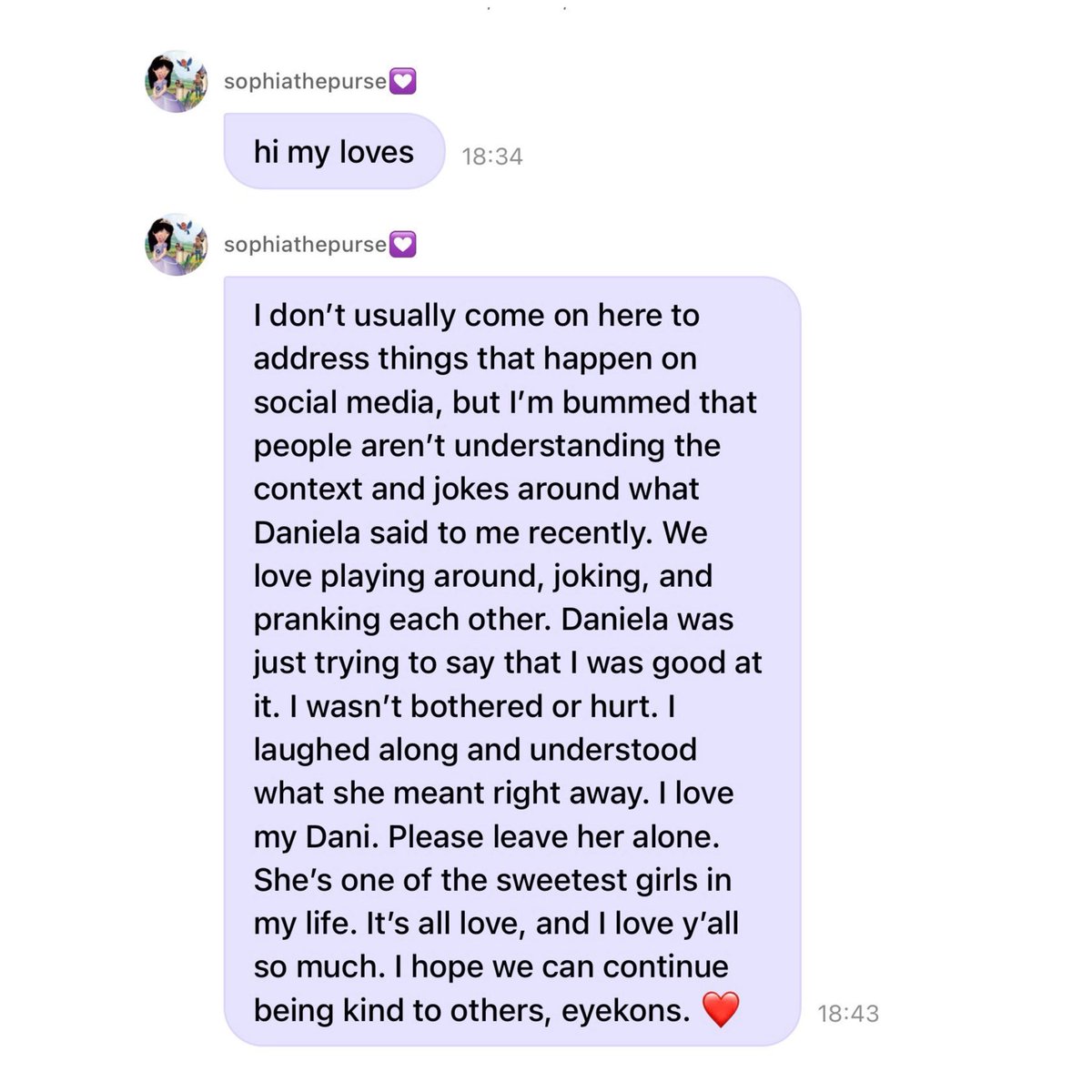 Sophia has took to Weverse to address hate toward Daniela, urging Eyekons to be kind. 

“..I love my Dani. Please leave her alone.
She's one of the sweetest girls in my life..” 🖤

#KATSEYE <a href="/katseyeworld/">KATSEYE</a>