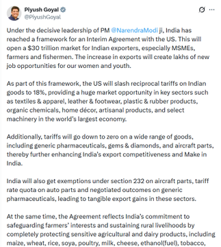 tv9gujarati's tweet photo. Trade Framework with US expected to unlock new opportunities for the Indian Industry, boost market access for MSMEs, Farmers and Fishermen: Union Commerce and Industries Minister Piyush Goyal tweets.
#IndiaUSTradeDeal #IndiaUSDeal #IndiaUSRelations #USTarrif #TV9Gujarati https://t.co/JkSEsLktLl