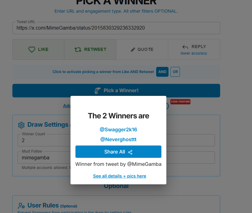 Okeeeeeey so we have winners here!!

<a href="/Swagger2k16/">Sup Swagger</a> &amp; <a href="/Neverghosttt/">Ghost</a> 

You will receive your prize shortly!!

Don't worry guys there will be more giveaways soon!
Follow me on kick I do daily giveaways there too:
Kick.com/mimegamba

DRAW ID: 1770429860431