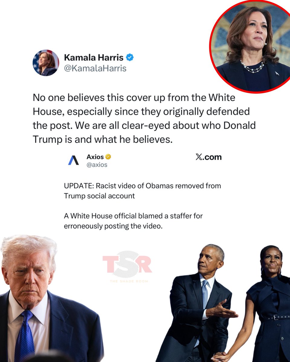 TheShadeRoom's tweet image. Kamala Harris weighed in on reports that the video of Michelle and Barack Obama posted to Donald Trump’s Truth Social account was uploaded by a staffer. 

(📸: @gettyimages) ✍🏾: #TSRStaffLG