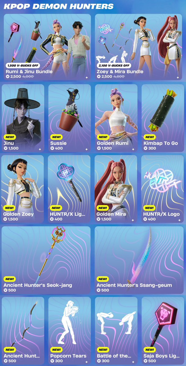 TechPulseLeaks's tweet photo. The NEW KPop Demon Hunters Bundles are now available in the #Fortnite Item Shop! 🎤

Rimi &amp; Jinu: https://t.co/WavPPJsFak

Zoey &amp; Mira: https://t.co/pbbgByrSZj

Use code PROFESSOR in item shop.
#EpicPartner https://t.co/rBxYk2ImyV