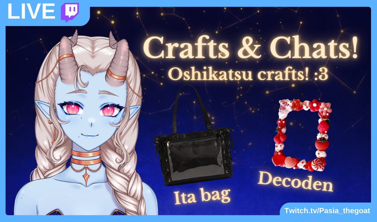⭒⚝ Crafts &amp; Chats ⚝⭒

[Oshikatsu Crafts]
So excited to be getting back to handcam streams!
Hang out with me while I fill out an ita bag and do some decoen!

💫 twitch.tv/pasia_thegoat 💫