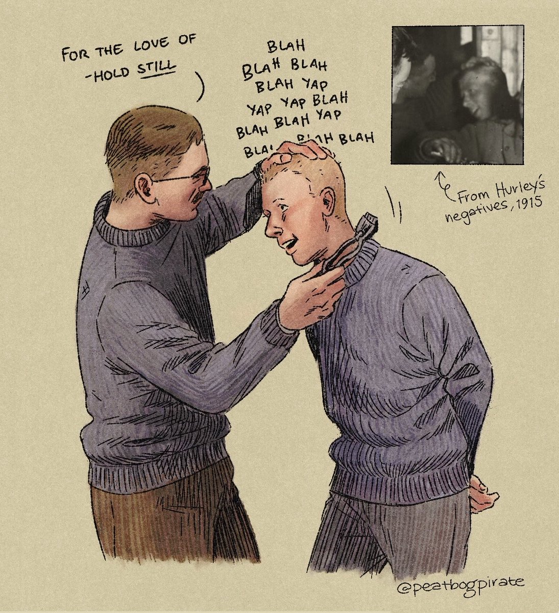peatbogpirate's tweet photo. Study of Mack &amp; Huss in the background of one of my favourite Endurance events: the great head-shaving extravaganza of 1915 https://t.co/K6SGZ5Idmv