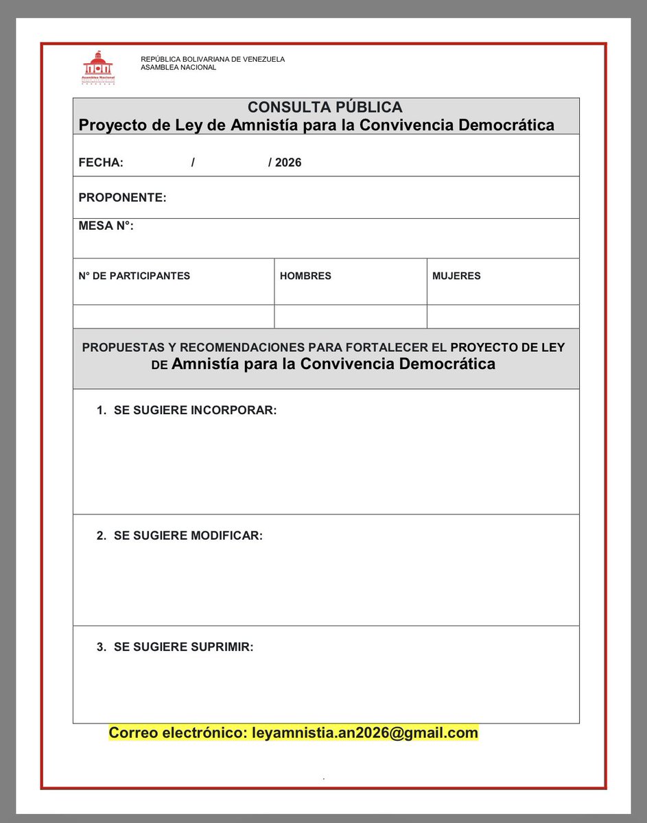 AnibalSanchezOF's tweet photo. Ya está disponible en la página web de la Asamblea Nacional el proyecto de Ley de Amnistía para la Convivencia Democrática, en el siguiente https://t.co/rGVTqTNerV… |

🪪 Los interesados en hacernos llegar sus observaciones en la fase de “Consulta Pública” está disponible la planilla para la consulta pública (anexo) https://t.co/1HgEir55G2…