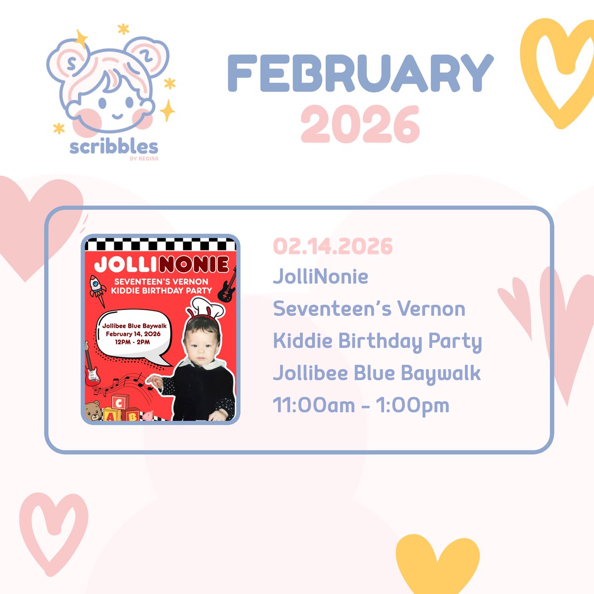 We are one of the chosen merchants for JolliNonie, a kiddie birthday party for Seventeen's Vernon. On the same day, we are celebrating also Carat Day &amp; Valentine's Day. 

See you Dolly's (Vernon's fans) &amp; Carats! 🩷🩵 <a href="/hhuloversclub/">𝐉𝐎𝐋𝐋𝐈𝗡𝗢𝗡𝗜𝗘: Vernon’s 28th Lap 🚗💨</a>

#JolliNONIE #Vernon28thLap #Vernon