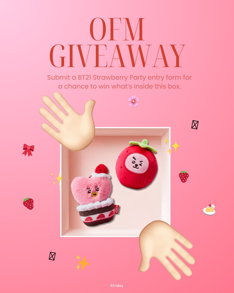 Kfriday family 💗

Winter means strawberry season in Korea and BT21 just dropped the cutest (and most delicious!) collection 🍓
To celebrate, we’re hosting a sweet giveaway!

🔗 kfriday.net/offline-pick-u…

How to enter:
Submit an offline or online OFM for the BT21 Strawberry Party