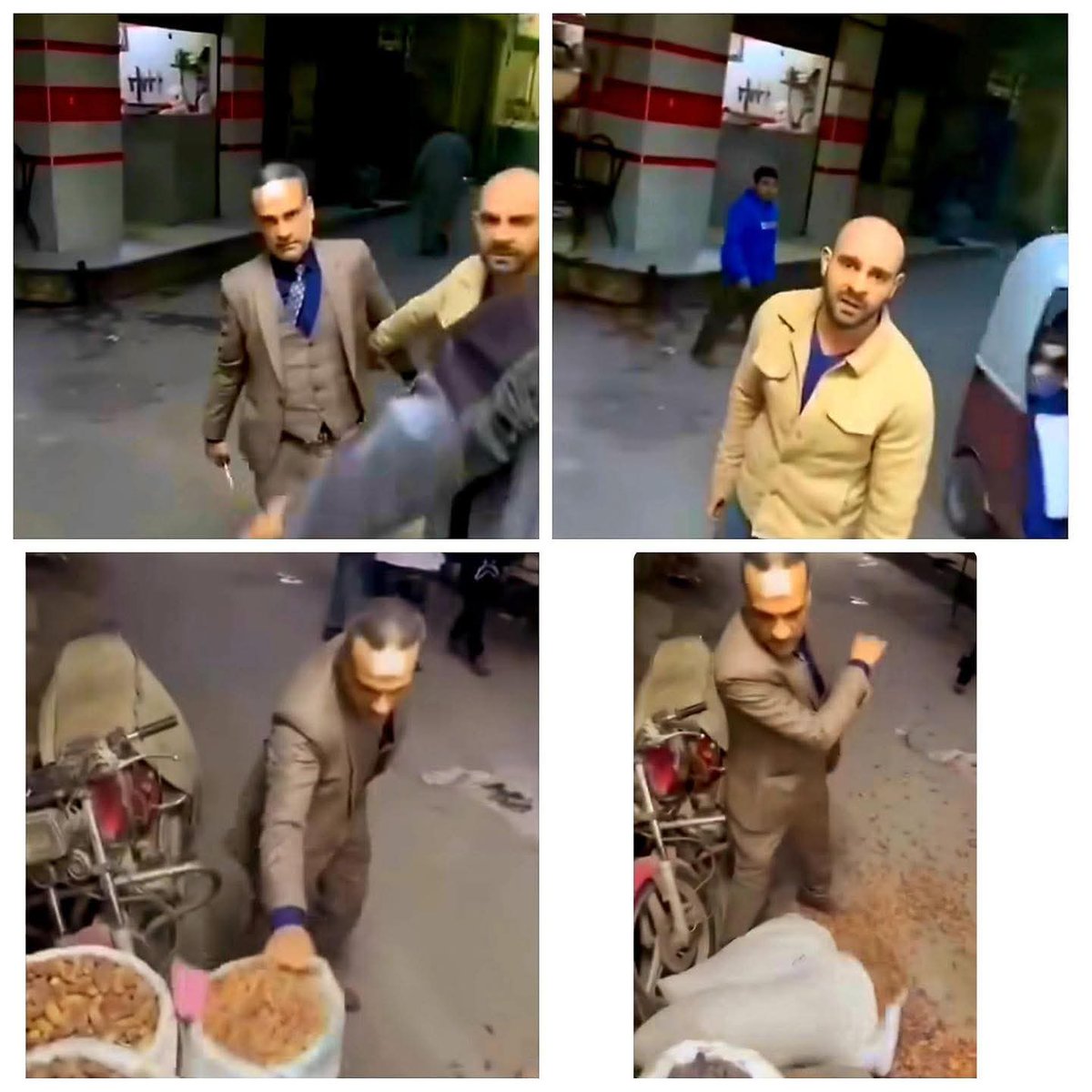 الراجل اللي لابس بدله ده والتاني ابو قميص بيج دخلو علي شاب صاحب محل صغير جايب حاجات رمضان يسترزق
ضربوه وكسروله المحل ورموله البضاعه ع الارض حتي نعمه ربنا ماسلمتش منهم والراجل ابوبدله داس ع البلح اللي رماه في الأرض مرددا هتقفل المحل يعني هتقفل المحل وماسك في ايده مطواه قرن غزال