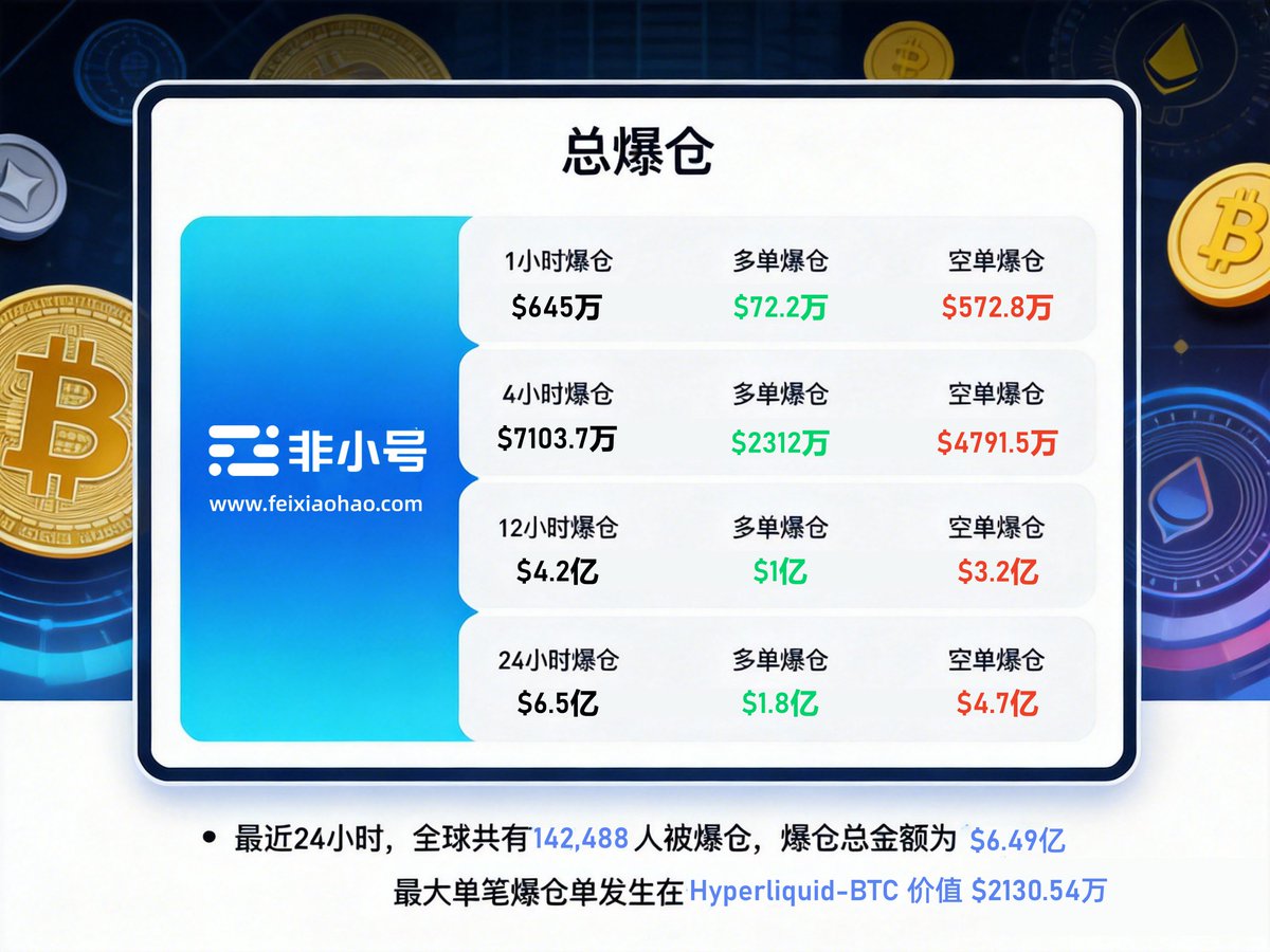 feixiaohaocom's tweet photo. 最近24H 全球爆仓数据 💥 空头惨遭屠杀

全网爆仓： $6.5 亿（约 14.2 万人被洗出局）
空单爆仓： $4.7 亿（占比约 72.3%）
多单爆仓： $1.8 亿
最大爆仓： Hyperliquid 一笔 BTC 爆了 $2130 万

🛡️ 非小号（https://t.co/ZK9qaMsgvc）给兄弟们的建议：

去杠杆，拿现货。 
能在这种行情下活下来的，不是预测最准的，而是仓位控制最稳的。