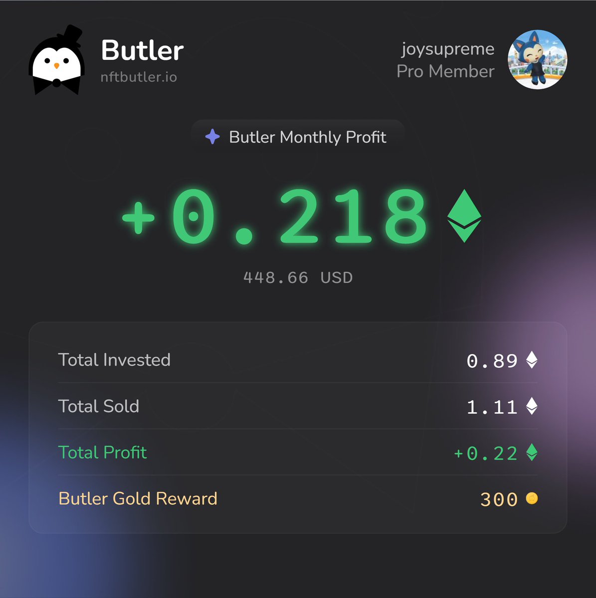 JamesKaiz's tweet photo. 0.218 Ξ in profit made in the last 6 days using @nftbutler 💰📈

Sharing on X to grab my extra 300 Butler Gold 🟠
Bidding’s a breeze with NFT Butler in my arsenal!  🐧

#NFT #NFTCommunity #NFTButler

https://t.co/XlDShonMX5 https://t.co/PSaaGiedvH