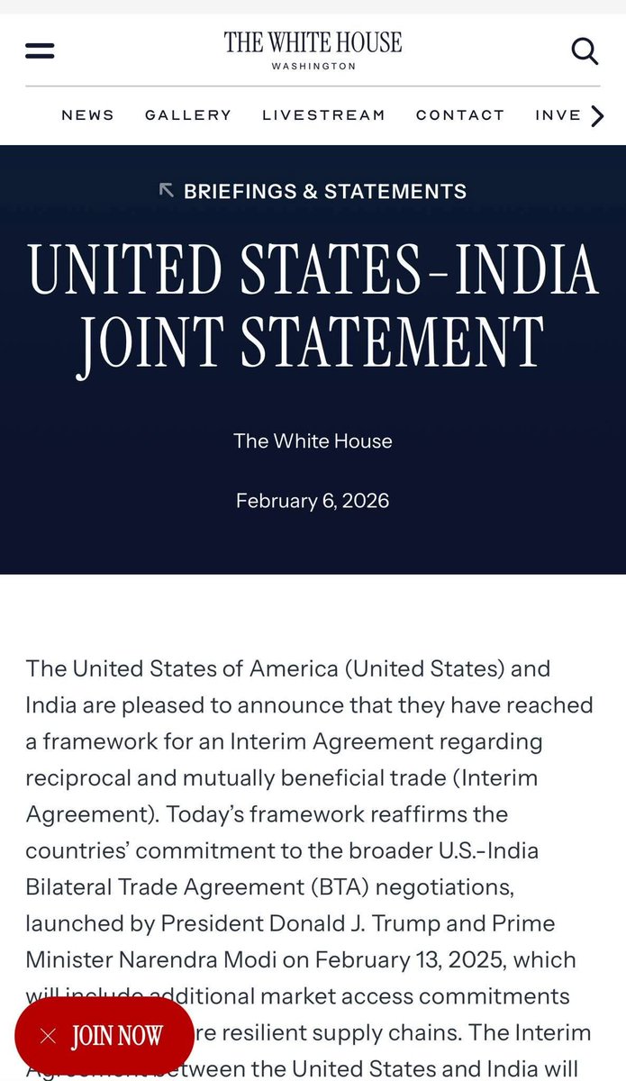 IndiaAwakened_'s tweet photo. Slaves are not allowed to make announcements. They are only supposed to say, 'Yes, Master.'
This is the framework of the trade deal between India and the United States.
Just like 'Operation Sindoor,' the White House has once again released this.
It is written here that Modi has already surrendered before Trump. Now, India must suffer the consequences.
'The United States of America (United States) and India are pleased to announce that they have reached a framework for an interim agreement regarding mutual and mutually beneficial trade (Interim Agreement).
Today’s framework reaffirms the commitment of both countries to the major U.S.-India Bilateral Trade Agreement (BTA) negotiations initiated by President Donald J. Trump and Prime Minister Narendra Modi on February 13, 2025, which will include additional market access commitments and support more robust supply chains.
The interim agreement between the United States and India will prove to be a historic milestone in our countries' partnership, demonstrating a common commitment to mutual and balanced trade based on shared interests and tangible results.'
Congratulations to the 140 crore people of India on this American slavery.
Especially to the Hindus of India.