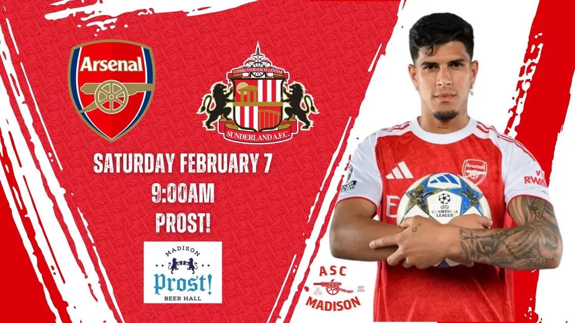 We all enjoyed the semifinal win in midweek, but we’re back tomorrow in the league. It’s a 9:00 kickoff against Sunderland at the Emirates, so come on out to Prost to watch the match!
