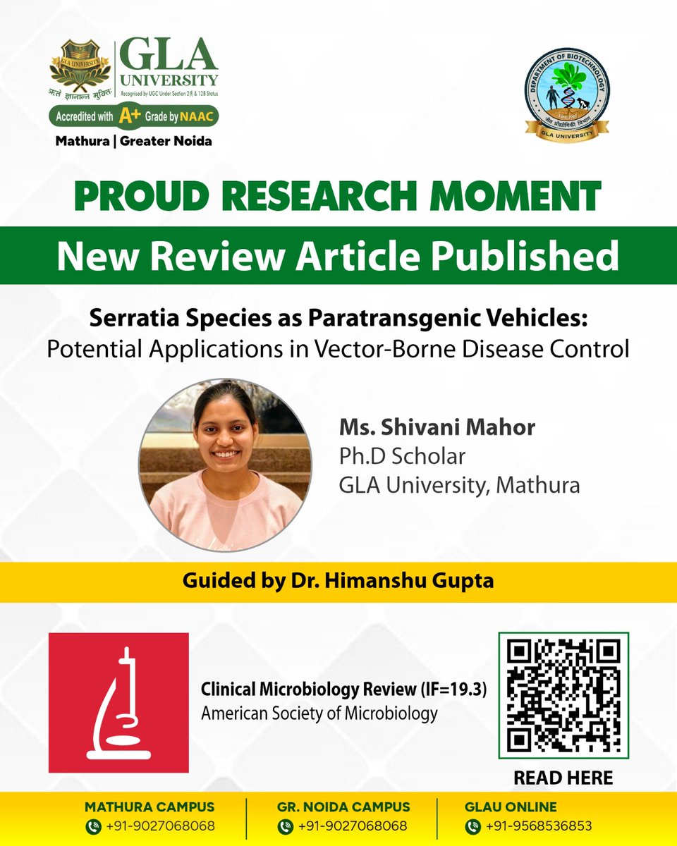 Biotech_GLAU's tweet photo. The Department of Biotechnology, GLA University, congratulates Ms. Shivani Mahor, Ph.D. Scholar, on the publication of her review article in Clinical Microbiology Reviews (IF: 19.3), under the guidance of Dr. Himanshu Gupta. https://t.co/P1fXLFnFId