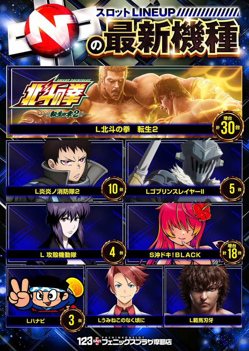2月8日（日）

【＋Nの新台入替】
17機種全54台導入完了＿。

Ｌ北斗転生＆e東京喰種《増台》＆Ｌ炎炎ノ消防隊
など最新台導入🔥

《123+Nフェニックスプラザ摩耶店》