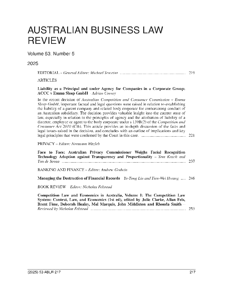 MichaelTerceiro's tweet photo. ABLR Vol 53, Part 5 is out - this edition features 4 excellent contributions (1) Liability as a Principal and under Agency for Companies, (2) Facial Recognition Technology (3) Managing the Destruction of Financial Records and (4) Competition Law and Economics in Australia https://t.co/cKHAhRnuoy