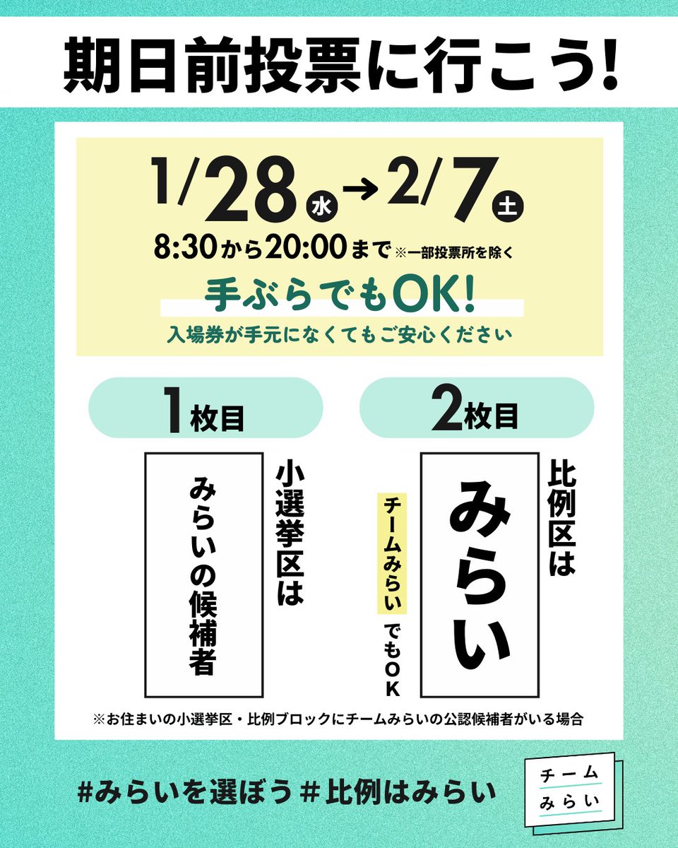 ＼ 選挙に行きましょう！ ／
この週末、全国的な悪天候の予報で、投票率の低下が懸念されています。

あなたの一票で未来が変わります。どうか、投票に行ってください！
明日の外出が不安な方は、本日中に期日前投票をお済ませください🗳️