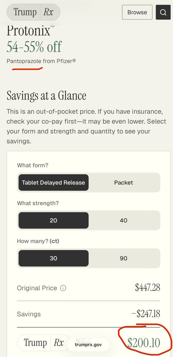 DrEricDing's tweet image. 📈TrumpRx price for acid reflux drug Protonix💊= $200, with no generic options offered. Generic version of this common acid reflux pantoprazole drug at Walmart and Safeway= just $10-12. Price inflation =&amp;gt; 18x. Don’t fall for the scam.