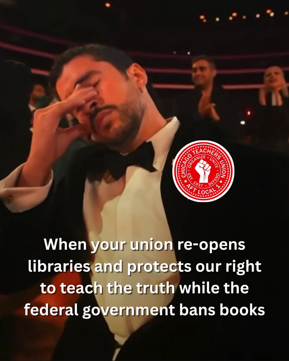 CTULocal1's tweet photo. Not Bad Bunny crying over us securing $1B for schools, libraries, and parks 😭❤️ #SBLIII https://t.co/OA38lt21Tt