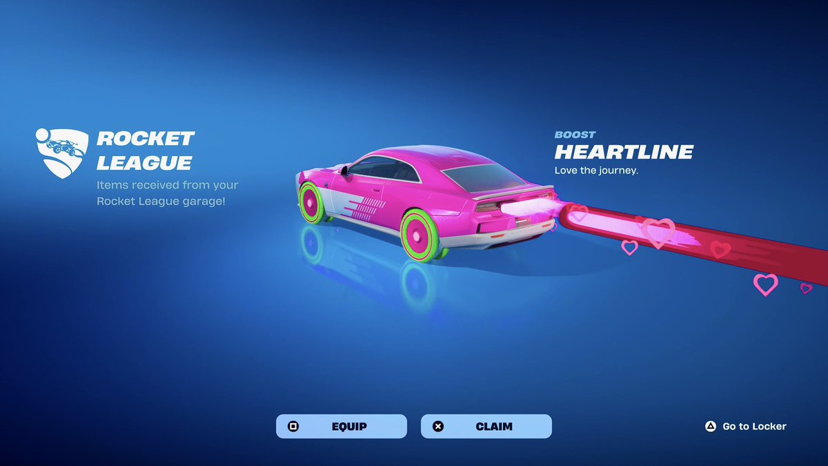🎁 Fortnite - Free Reward!

Head over to Rocket League and play 14 Doubles Matches to earn the Heartline Boost, this reward will instantly transfer over to Fortnite! 

(Quick way to complete this is in Competitive Heatseakers) 

Ends February 16th