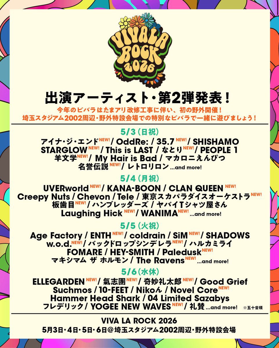 ビバラ 出演アーティスト・第2弾発表！】 VIVA LA ROCK 2026 出演