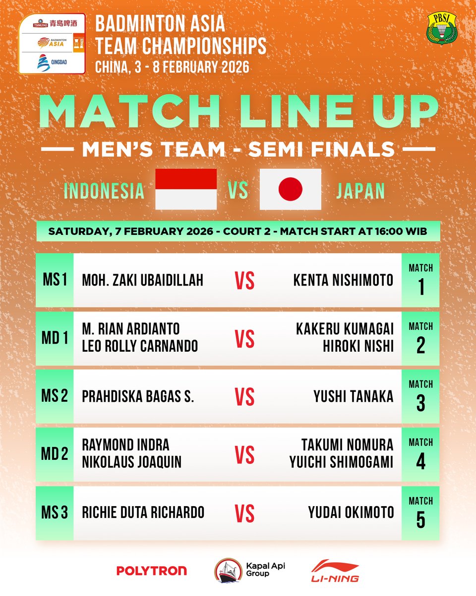 Indonesia menurunkan pasangan baru di ganda pertama beregu putra untuk menghadapi Jepang di babak semifinal sore nanti.

Selamat berjuang! BISA!

#BadmintonIndonesia #BadmintonAsiaTeamChampionships2026 #BATC2026