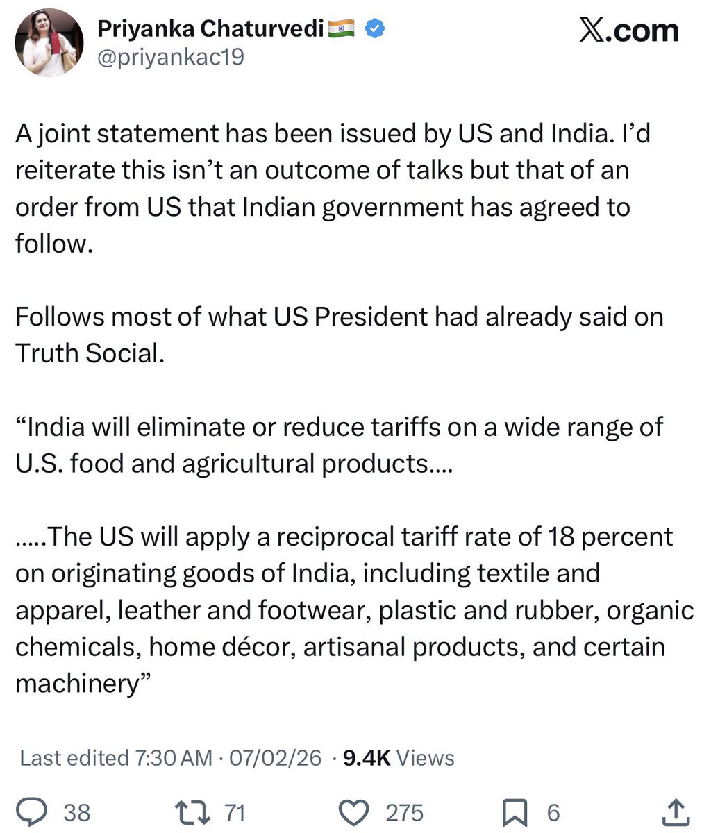 Trump is President of the United States, he will obviously glorify the trade deal to his domestic audience. Any reasonable person will compare with the details put out by Minister Piyush Goyal. But then that’s too much to ask from outrage-jeevis 🤡