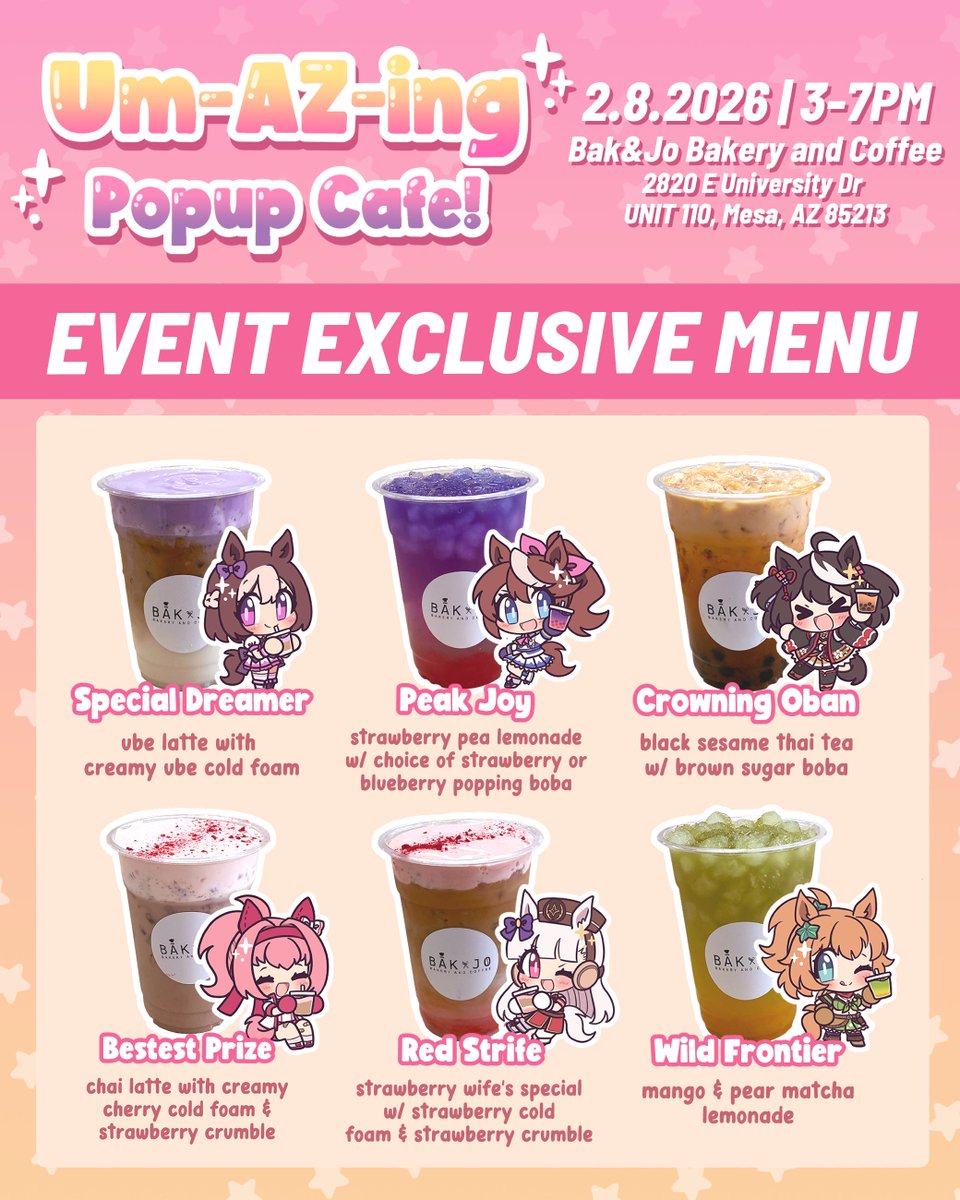 ponpokoevents's tweet photo. ✨EVENT EXCLUSIVE MENU ✨

Get excited Trainers! Our event exclusive menu with Bak&amp;Jo Bakery and Coffee has finally been revealed!

Choose from a variety of 6 tasty drinks inspired by Uma Musume characters, selected by YOU! Plus an exclusive new pastry!🥐

#UmAZingCSE #umamusume https://t.co/3f3dkwPi5j
