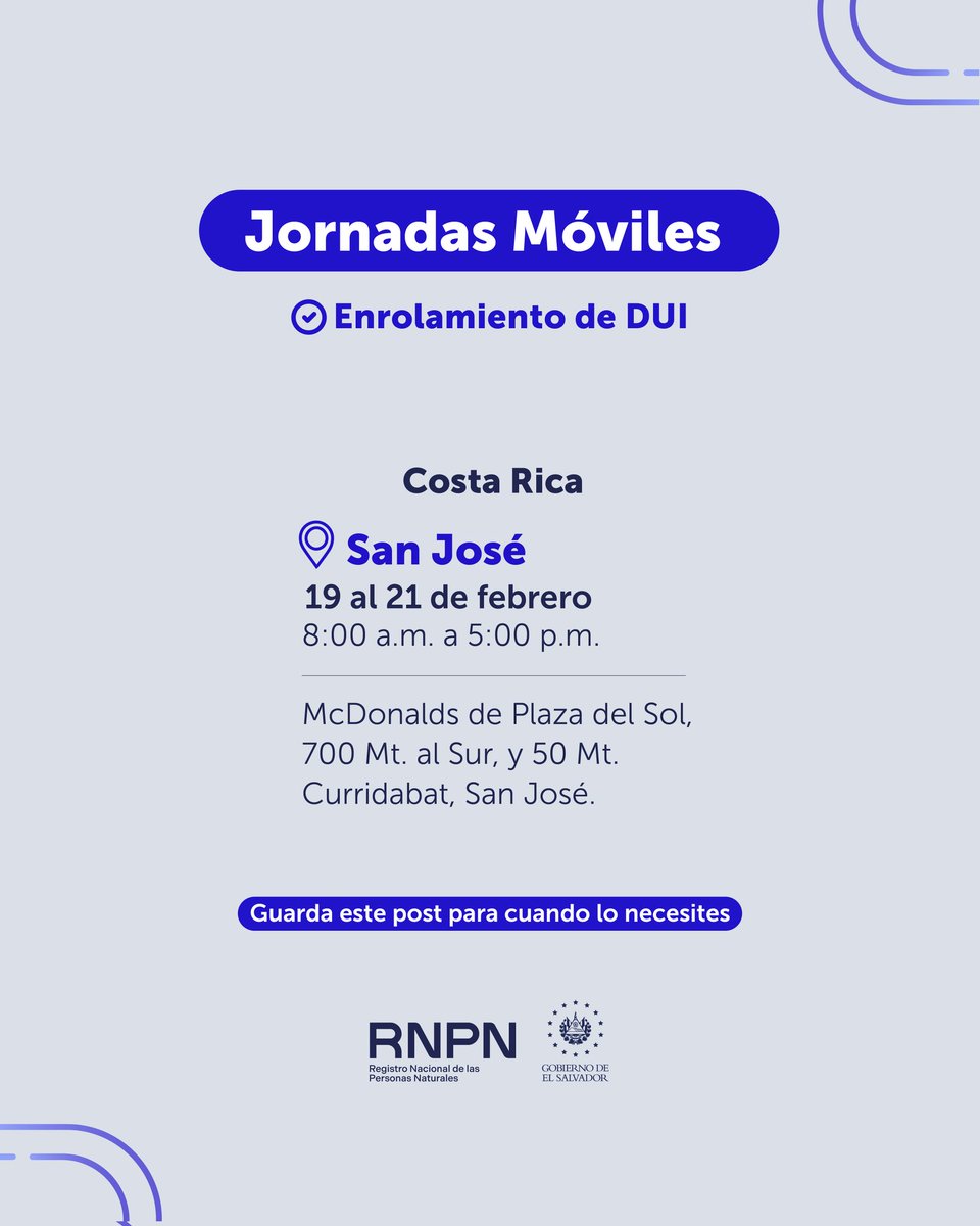 Participa en la jornada móvil para trámite de DUI que realizará el <a href="/rnpn_sv/">RNPN El Salvador</a> en Costa Rica. 🇸🇻🇨🇷

Si necesitas tramitar por primera vez, reponer o actualizar tu Documento Único de Identidad, esta información es para ti. 👇