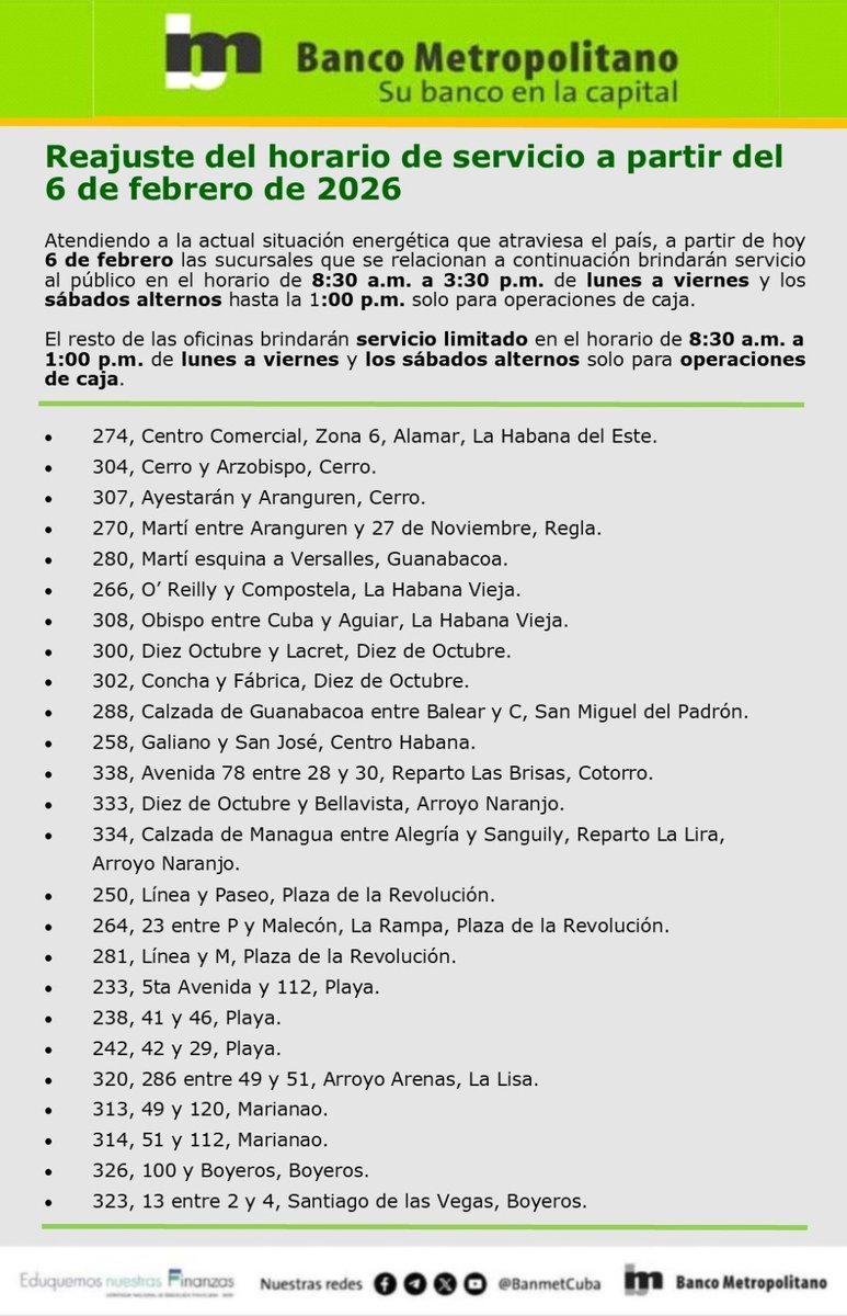 #Cuba Reajuste del horario de servicio en las sucursales bancarias a partir del 6 de febrero
#BancariosCubanos
