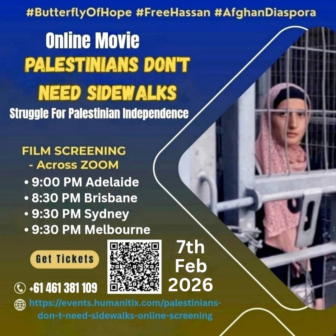 Online screening of #PalestiniansDontNeedSidewalks. This screening will be across zoom. It will be at 9 PM tonight Adelaide time, 9.30 PM in NSW and Victoria, 8.30 PM in Queensland and 6.30 PM in WA. Purchase tickets: events.humanitix.com/palestinians-d…