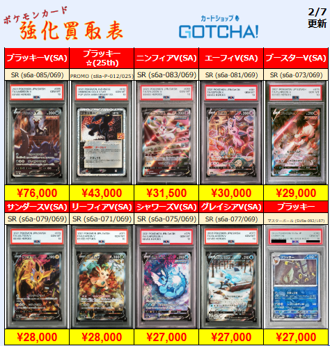 2/7更新 ⚡🔥【PSA強化買取表③】🔥⚡ 💥【PSA10】ブラッキーV(SA