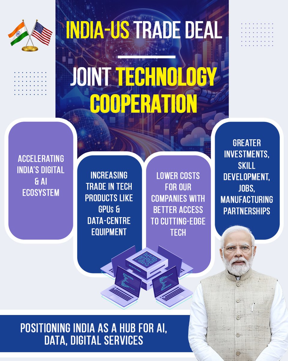 A massive boost for tech and jobs.

Through joint technology cooperation, this deal will increase trade in GPUs and data-center equipment while creating more jobs and manufacturing partnerships.

#IndiaUSJointStatement