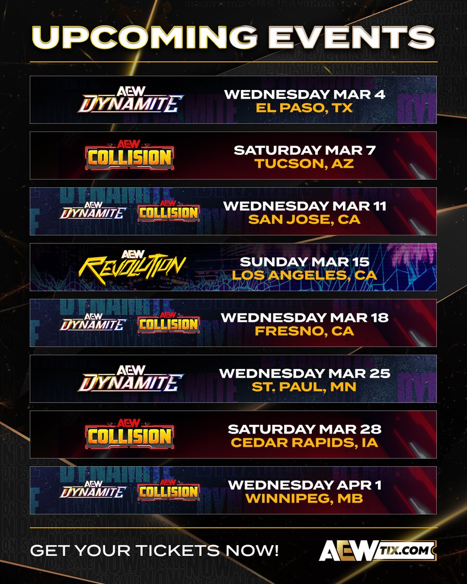 Feel the exhilaration of AEW LIVE 🔥

Get your tickets now at AEWTIX.com!