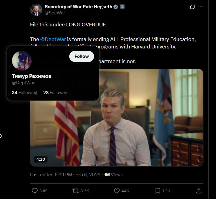 <a href="/SecWar/">Secretary of War Pete Hegseth</a> <a href="/DeptWar/">Тимур Рахимов</a> The Sec. of Defense is such an idiot he can't even tag his own department correctly.

Maybe he is drunk posting again?