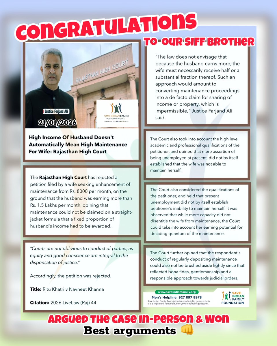 🎉 CONGRATULATIONS TO SAVE INDIAN FAMILY FOUNDATION &amp; OUR SIFF BROTHER 

A powerful win at the Rajasthan High Court 👏
This landmark judgment proves that:
➡️ High income of husband does NOT mean automatic high maintenance
➡️ Maintenance is support, not forced income sharing
➡️