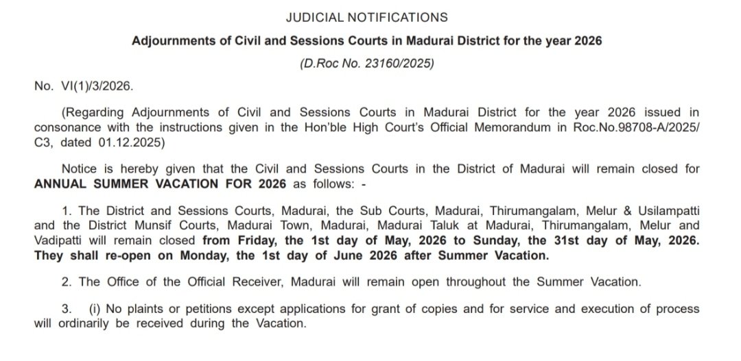 h_pongilath's tweet image. Adjournments of Civil &amp;amp; Sessions Courts in Madurai District for the year 2026 
#Madurai #Sessioncourt #Districtcourt #Judges #advocates #legal #law #holidays2026