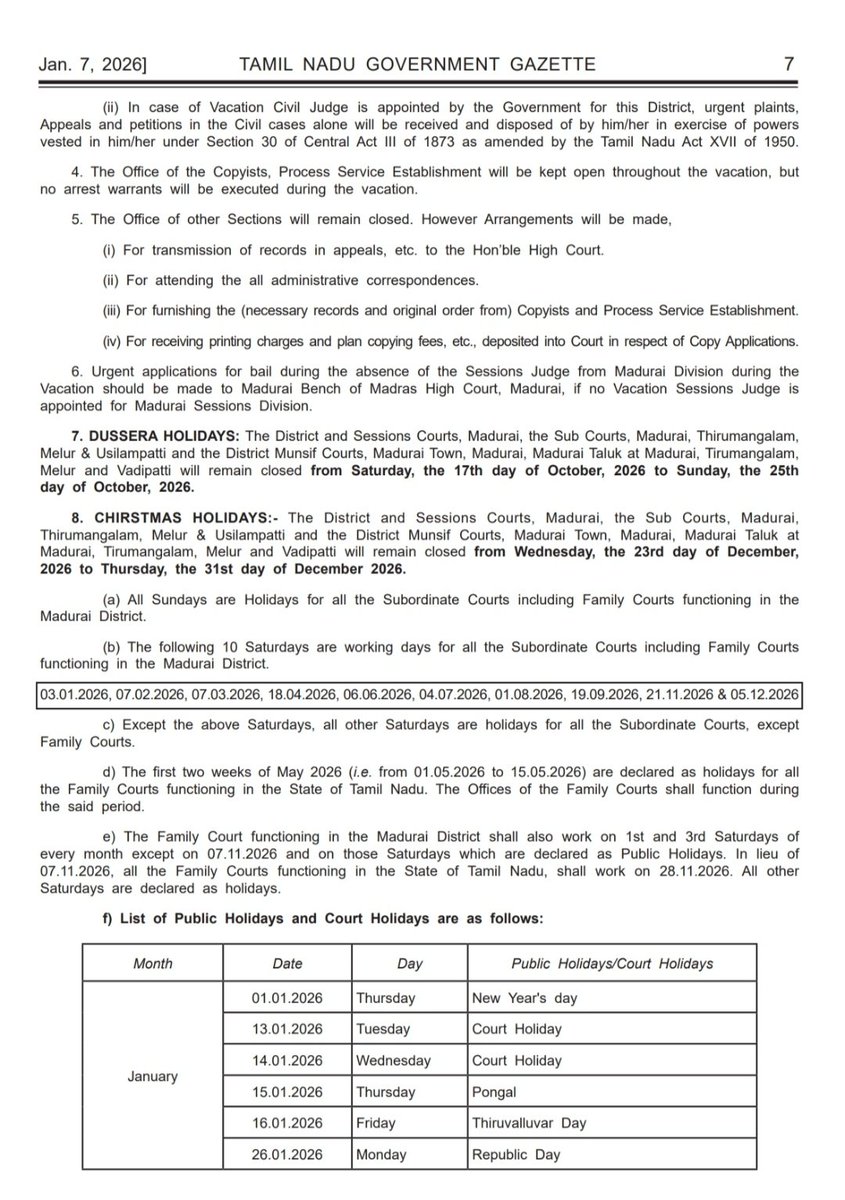 h_pongilath's tweet image. Adjournments of Civil &amp;amp; Sessions Courts in Madurai District for the year 2026 
#Madurai #Sessioncourt #Districtcourt #Judges #advocates #legal #law #holidays2026